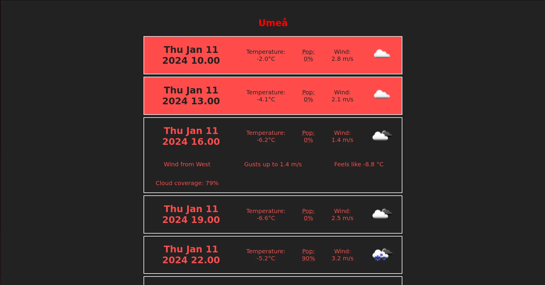 Forecastpage with one of the cards expanded showing more info